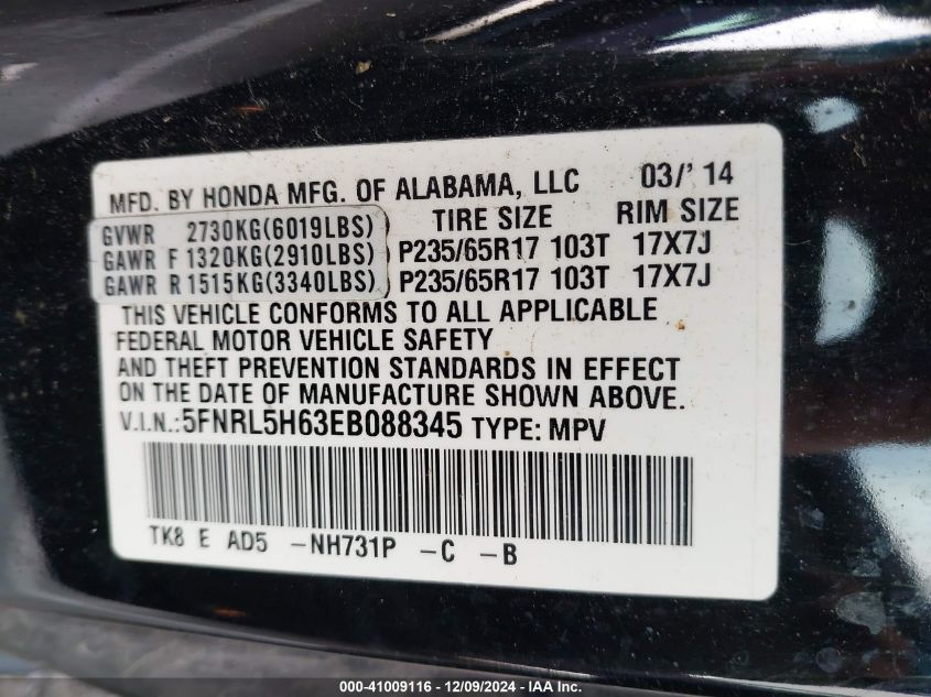 VIN 5FNRL5H63EB088345 2014 HONDA ODYSSEY no.9