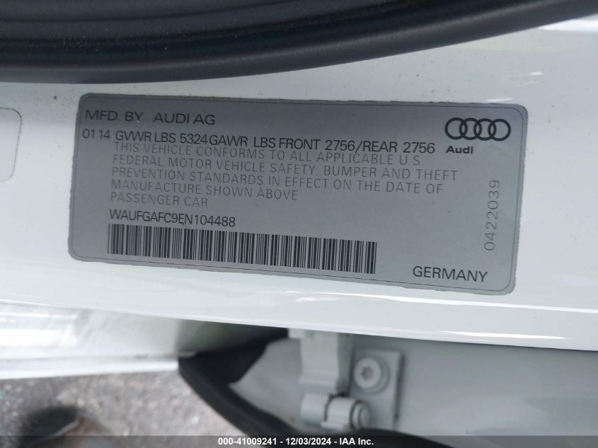 2014 Audi A6 3.0T Premium Plus VIN: WAUFGAFC9EN104488 Lot: 41009241