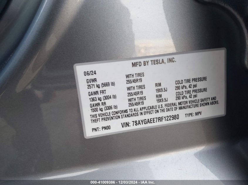 VIN 7SAYGAEE7RF122980 2024 Tesla Model Y, Long Rang... no.9