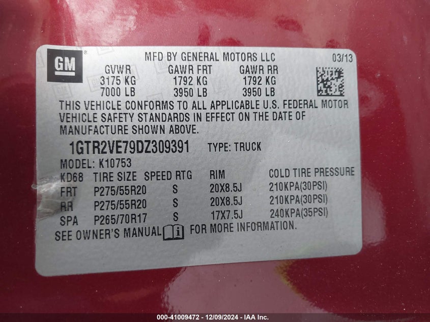 2013 GMC SIERRA 1500 VIN: 1GTR2VE79DZ309391