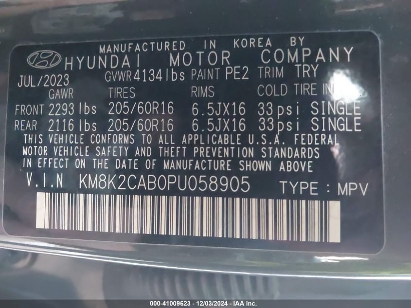 2023 Hyundai Kona Se VIN: KM8K2CAB0PU058905 Lot: 41009623