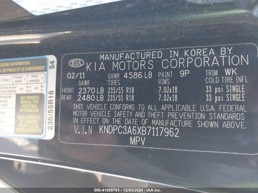 2011 Kia Sportage Sx VIN: KNDPC3A6XB7117962 Lot: 41009701