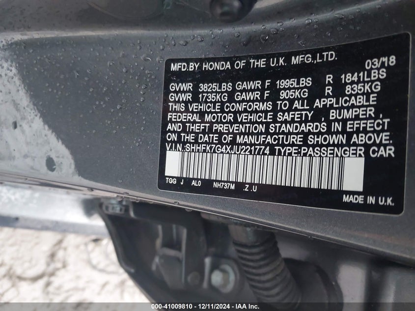 2018 HONDA CIVIC VIN: SHHFK7G4XJU221774