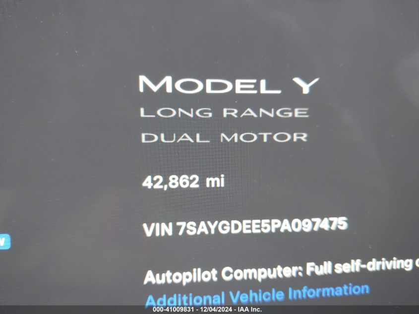 2023 Tesla Model Y Awd/Long Range Dual Motor All-Wheel Drive VIN: 7SAYGDEE5PA097475 Lot: 41009831