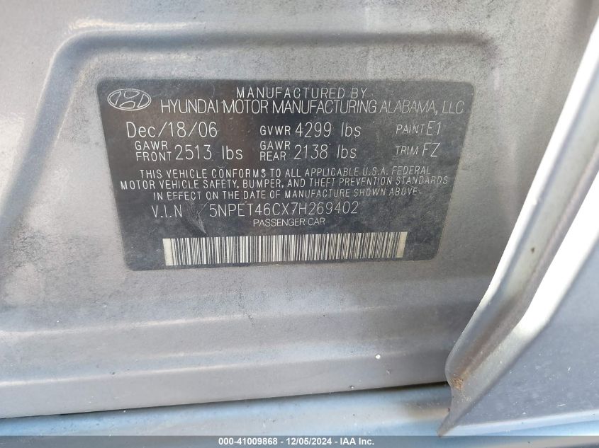 2007 Hyundai Sonata Gls VIN: 5NPET46CX7H269402 Lot: 41009868