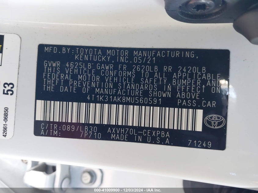 2021 TOYOTA CAMRY VIN: 4T1K31AK8MU560591