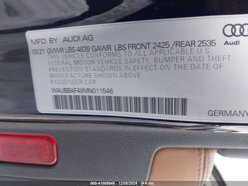 2021 AUDI A4 PREMIUM PLUS 40 - WAUBBAF48MN011546