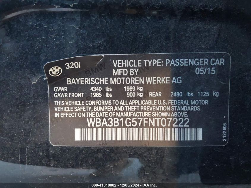 VIN WBA3B1G57FNT07222 2015 BMW 3 Series, 320I no.9