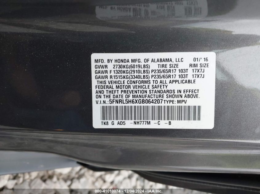 VIN 5FNRL5H6XGB064207 2016 HONDA ODYSSEY no.9