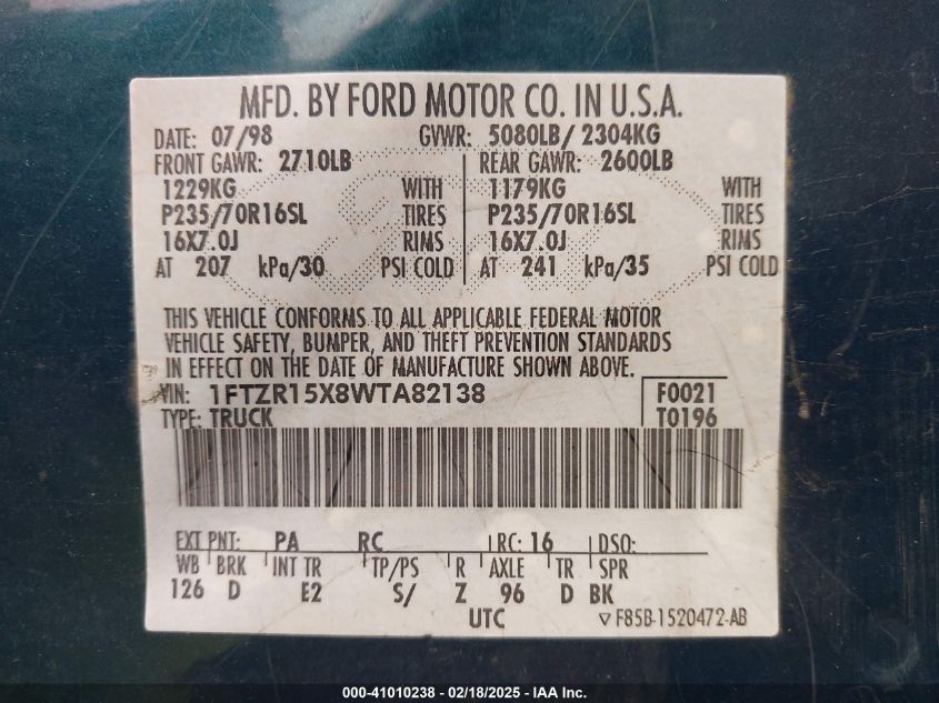 1998 Ford Ranger Splash/Xl/Xlt VIN: 1FTZR15X8WTA82138 Lot: 41010238