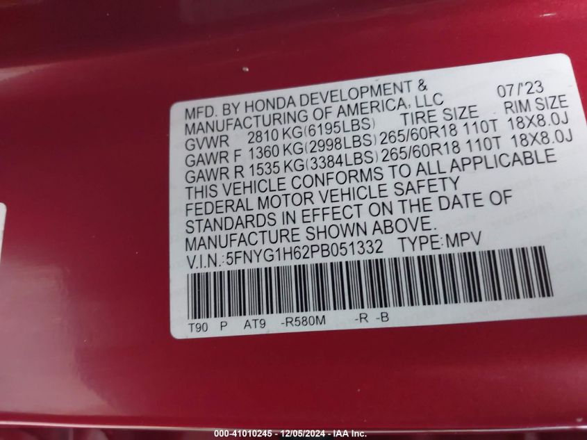 VIN 5FNYG1H62PB051332 2023 HONDA PILOT no.9