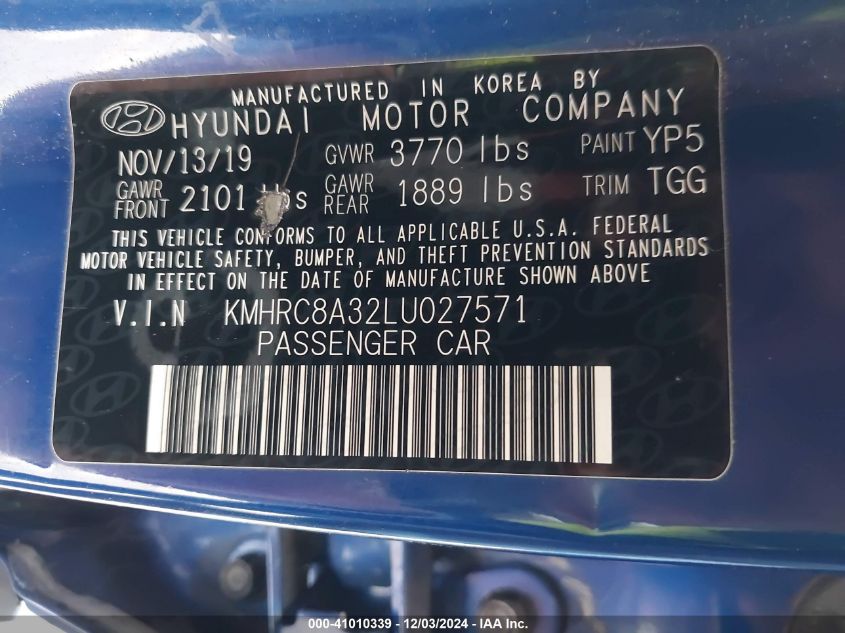 2020 Hyundai Venue Sel VIN: KMHRC8A32LU027571 Lot: 41010339