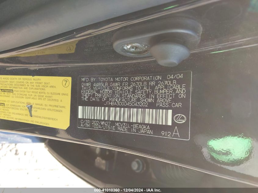 2004 Lexus Es 330 VIN: JTHBA30G045043202 Lot: 41010360