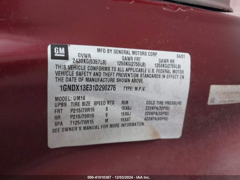 2001 Chevrolet Venture Warner Bros. W/Abf Seats VIN: 1GNDX13E31D290276 Lot: 41010367