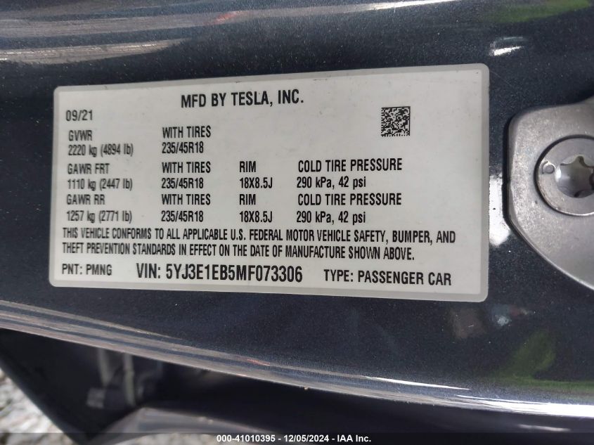 VIN 5YJ3E1EB5MF073306 2021 Tesla Model 3, Long Rang... no.9