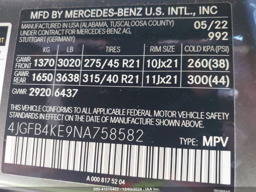 2022 Mercedes-Benz Gle 350 4Matic VIN: 4JGFB4KE9NA758582 Lot: 41010402