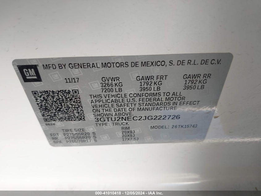 2018 GMC SIERRA 1500 VIN: 3GTU2NEC2JG222726