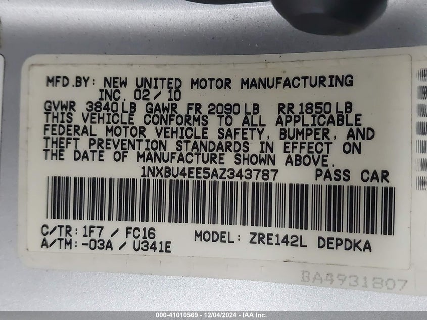 2010 TOYOTA COROLLA VIN: 1NXBU4EE5AZ343787