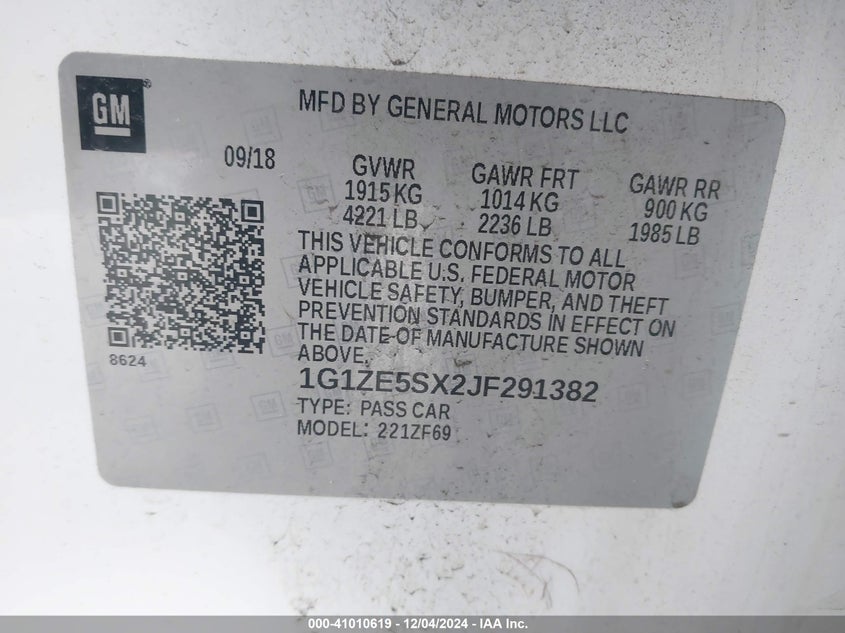2018 CHEVROLET MALIBU VIN: 1G1ZE5SX2JF291382