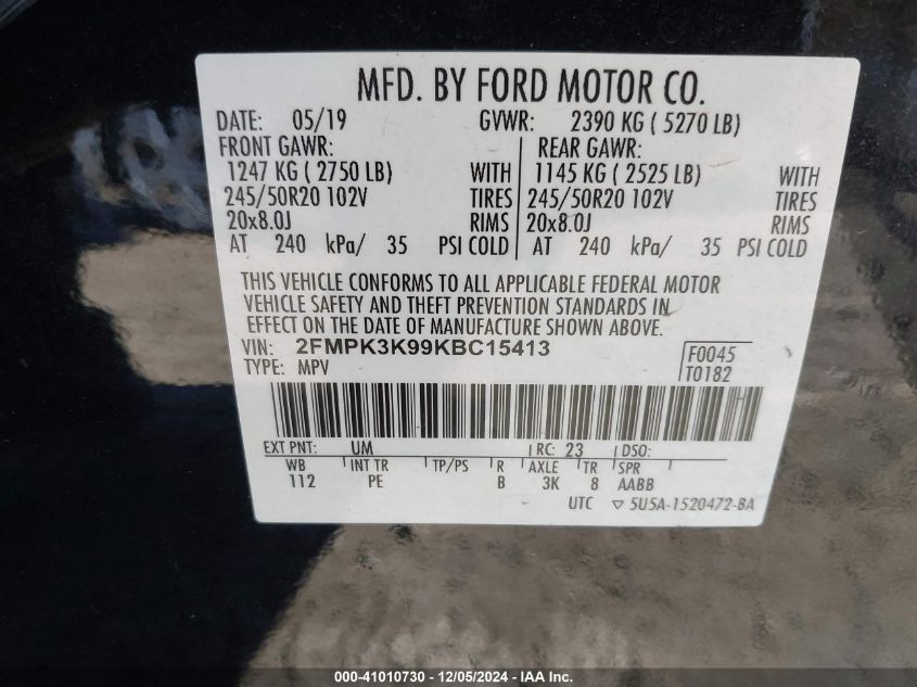 VIN 2FMPK3K99KBC15413 2019 Ford Edge, Titanium no.9