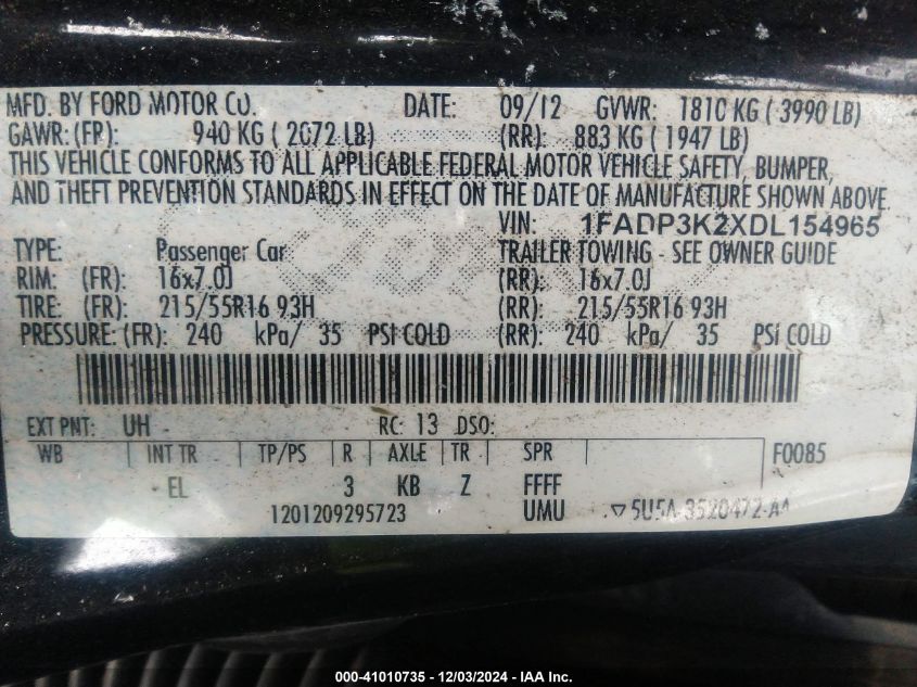 VIN 1FADP3K2XDL154965 2013 FORD FOCUS no.9