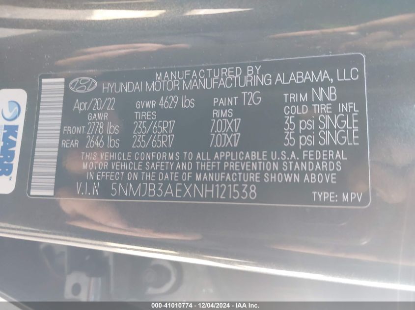 VIN 5NMJB3AEXNH121538 2022 HYUNDAI TUCSON no.9