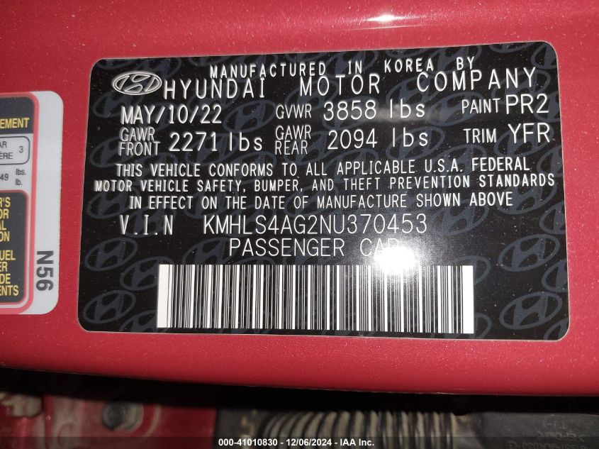 2022 Hyundai Elantra Sel VIN: KMHLS4AG2NU370453 Lot: 41010830