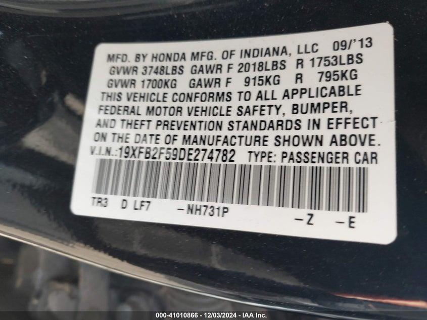 2013 HONDA CIVIC VIN: 19XFB2F59DE274782