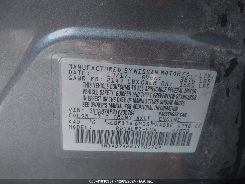 VIN 3N1AB7AP2JY205784 2018 NISSAN SENTRA no.9