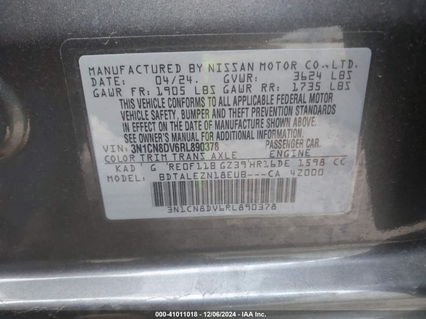 VIN 3N1CN8DV6RL890378 2024 NISSAN VERSA no.9