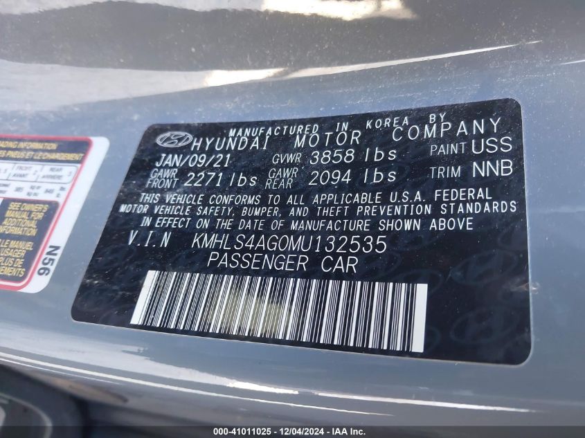 2021 Hyundai Elantra Sel VIN: KMHLS4AG0MU132535 Lot: 41011025