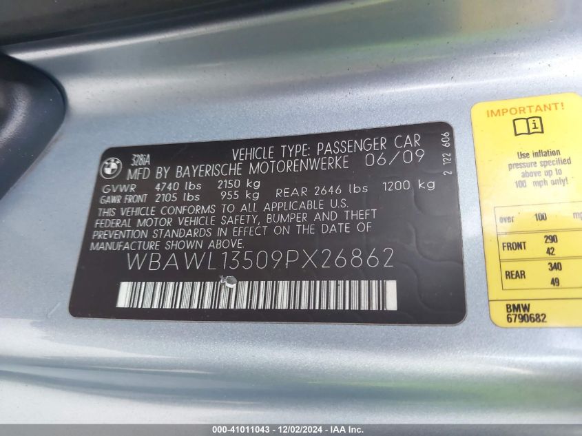 2009 BMW 328I VIN: WBAWL13509PX26862 Lot: 41011043