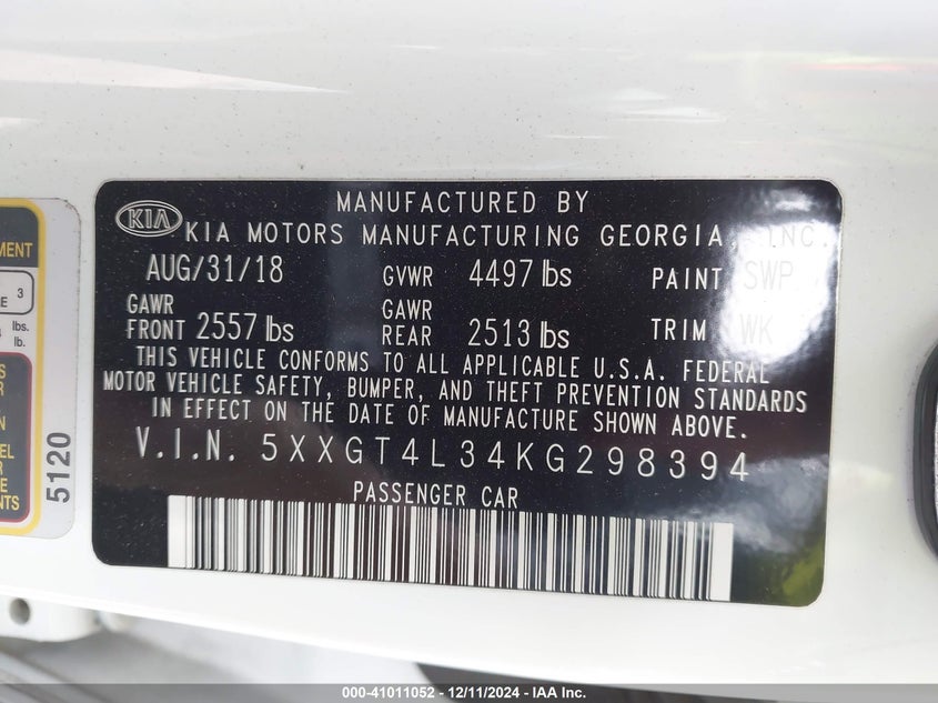 2019 KIA OPTIMA VIN: 5XXGT4L34KG298394