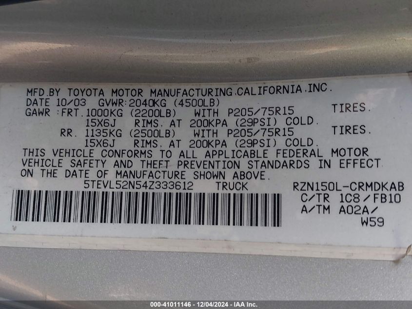 2004 Toyota Tacoma VIN: 5TEVL52N54Z333612 Lot: 41011146