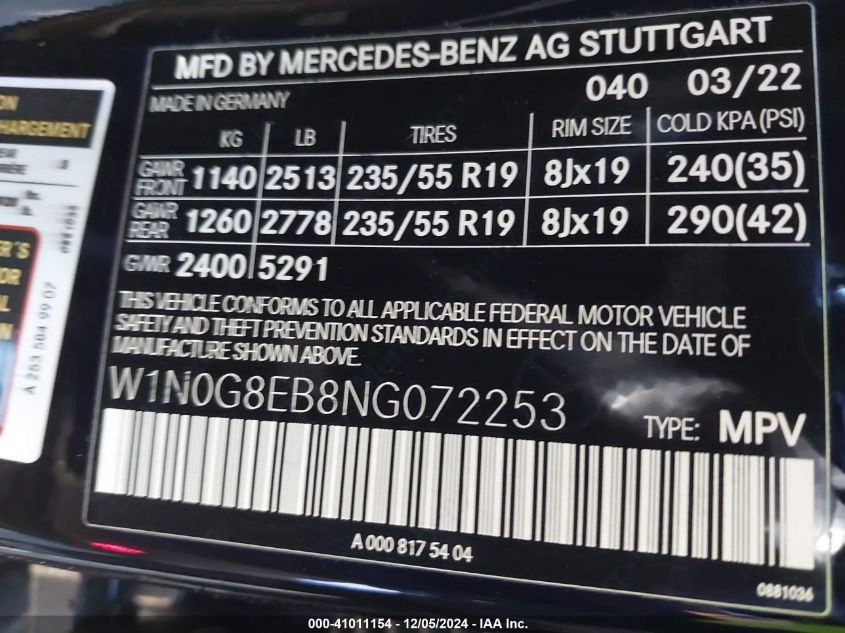 2022 Mercedes-Benz Glc 300 4Matic Suv VIN: W1N0G8EB8NG072253 Lot: 41011154