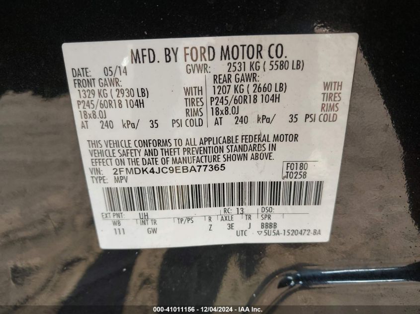 VIN 2FMDK4JC9EBA77365 2014 FORD EDGE no.9