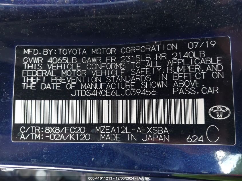 2020 Toyota Corolla Se VIN: JTDS4RCE6LJ039456 Lot: 41011213