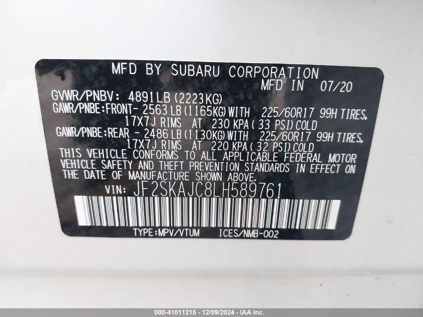 VIN JF2SKAJC8LH589761 2020 SUBARU FORESTER no.9