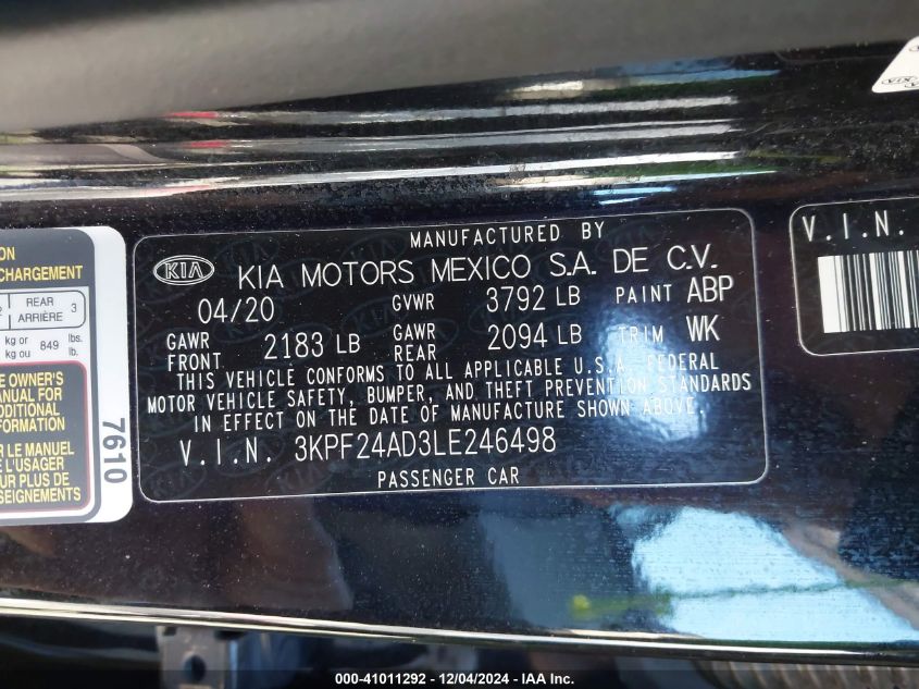 2020 Kia Forte Lxs VIN: 3KPF24AD3LE246498 Lot: 41011292