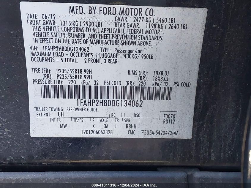 VIN 1FAHP2H80DG134062 2013 Ford Taurus, Sel no.9