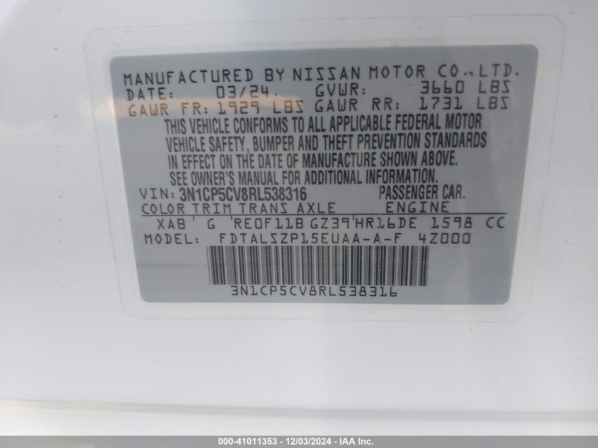 VIN 3N1CP5CV8RL538316 2024 NISSAN KICKS SV XTRONIC CVT