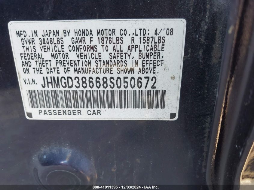 2008 Honda Fit Sport VIN: JHMGD38668S050672 Lot: 41011395