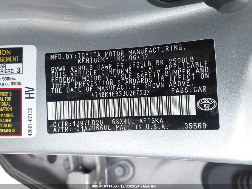 VIN 4T1BK1EB3JU267237 2018 TOYOTA AVALON XLE