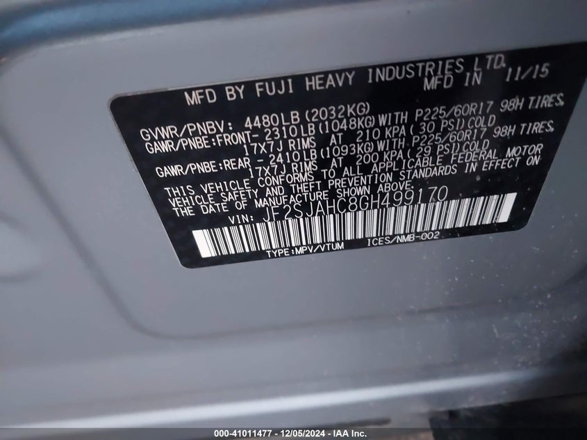 2016 SUBARU FORESTER 2.5I LIMITED - JF2SJAHC8GH499170