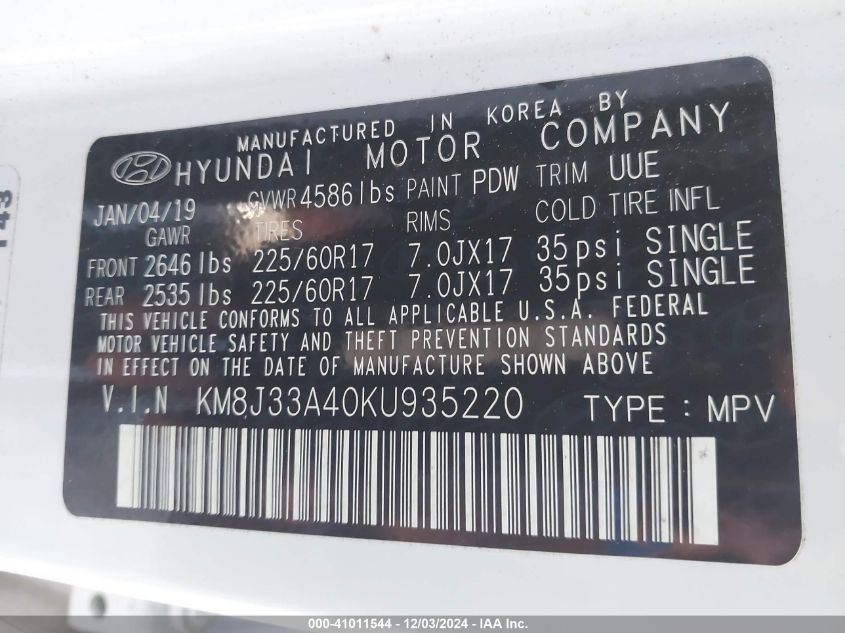 VIN KM8J33A40KU935220 2019 Hyundai Tucson, Value no.9