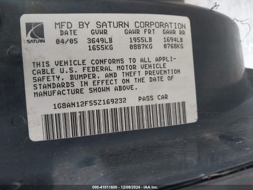 2005 Saturn Ion Level 2 VIN: 1G8AN12F55Z169232 Lot: 41011600