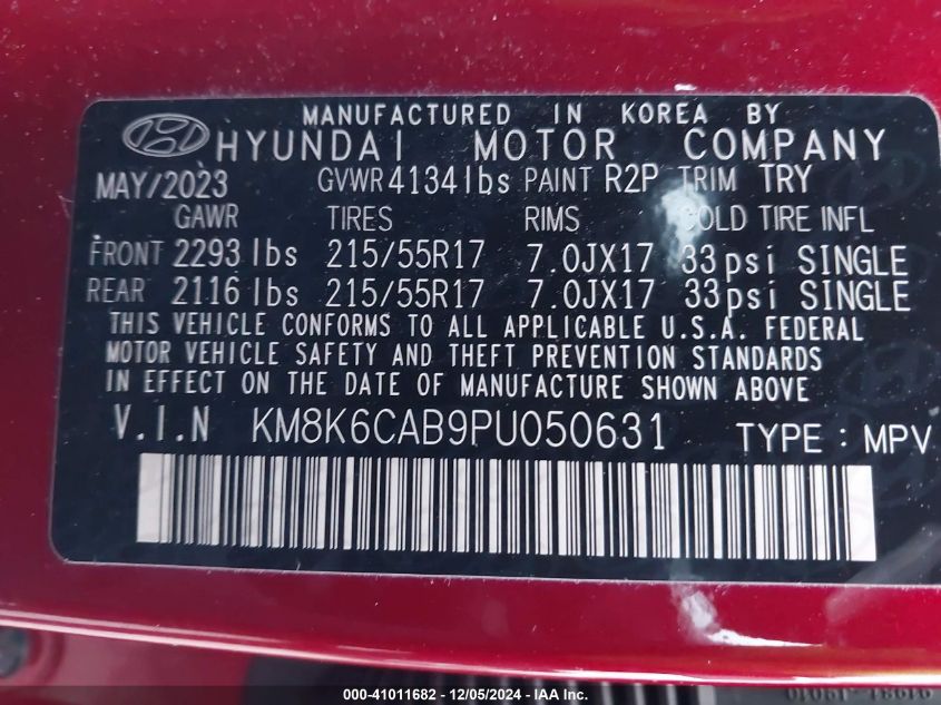 2023 Hyundai Kona Sel VIN: KM8K6CAB9PU050631 Lot: 41011682