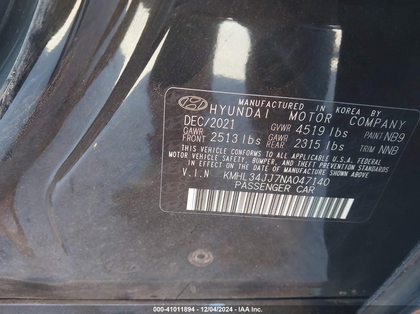 2022 HYUNDAI SONATA VIN: KMHL34JJ7NA047140