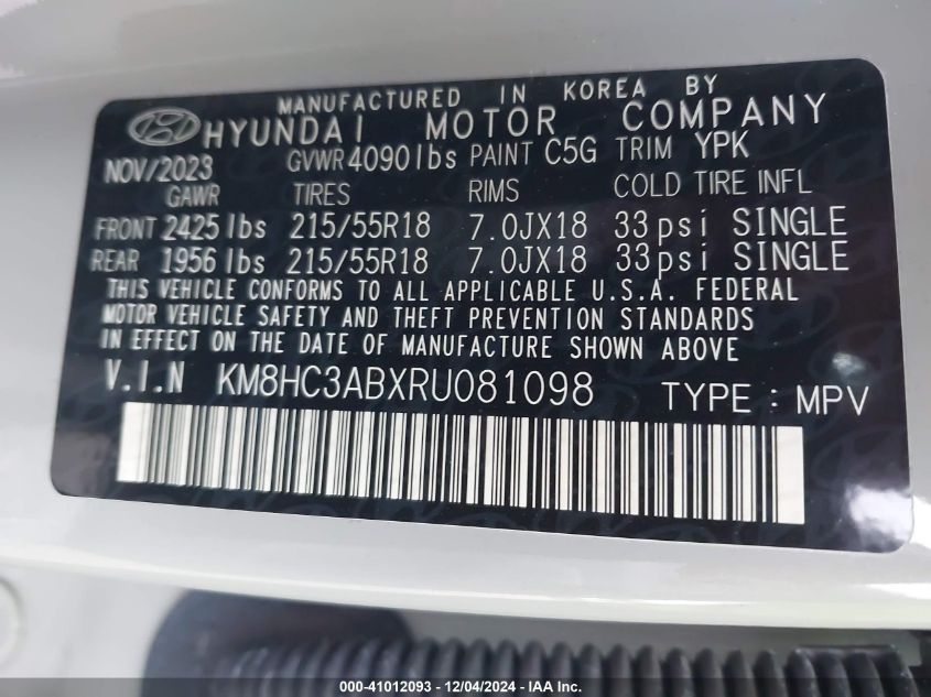 2024 Hyundai Kona Sel VIN: KM8HC3ABXRU081098 Lot: 41012093