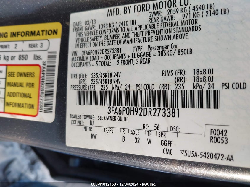 2013 FORD FUSION VIN: 3FA6P0H92DR273381